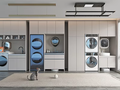 Modern Functional Home Balcony Interior With Washing Machine Storage Cabinets And Cat On Rug 3d model