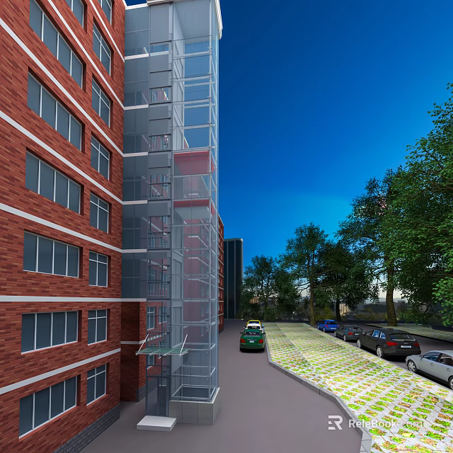 Elevator With Transparent Structure On Red Brick Building Near Trees Parked Cars And Blue Sky 3d model 