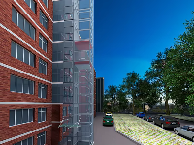 Elevator With Transparent Structure On Red Brick Building Near Trees Parked Cars And Blue Sky 3d model