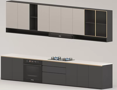 Modern Kitchen Cabinets With Upper Lower Units Integrated Oven Light Countertop Open Shelves 3d model