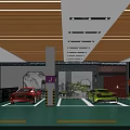 Stylish Indoor Parking Garage With Red Yellow Sports Cars Green Flooring Wooden Ceiling And Lighting