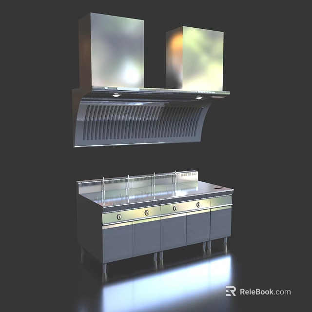 Modern Stainless Steel Kitchen Appliances With Range Hood And Cabinet Counter 3d model 
