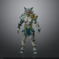 Man Dressed As Mythical Warrior With Teal White Feathered Armor And Muscular Body