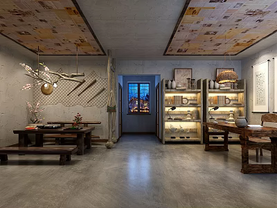 Traditional Chinese Office Interior With Wooden Shelves Patterned Ceiling And Decorative Elements 3d model