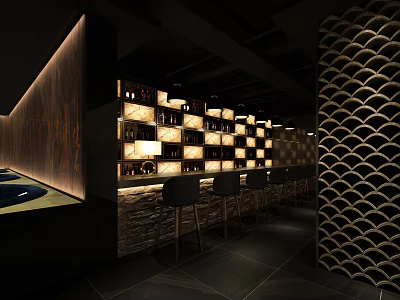 Stylish Bar Interior With Bar Counter Bar Stools Wine Shelves And Decorative Wall 3d model