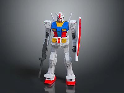Gundam Model With White Blue Red Yellow Colors Shield Gun Standing Pose Gray Background 3d model