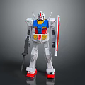 Gundam Model With White Blue Red Yellow Colors Shield Gun Standing Pose Gray Background