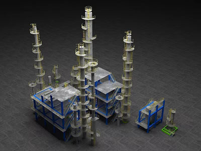 Industrial Plant With Multiple Tall Towers Blue Steel Structures And Industrial Equipment 3d model