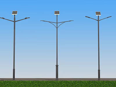 Solar Powered Street Lights As Modern Road Infrastructure With Green Grass And Blue Sky 3d model