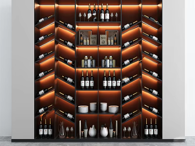 Elegant Modern Wine Cabinet With Layered Shelves Illuminated Wine Bottles And Hanging Wine Glasses 3d model