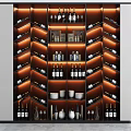 Elegant Modern Wine Cabinet With Layered Shelves Illuminated Wine Bottles And Hanging Wine Glasses