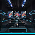Modern Tech Inspired Bar Interior With Blue Lighting Large Screens Long Seats And Circular Decor