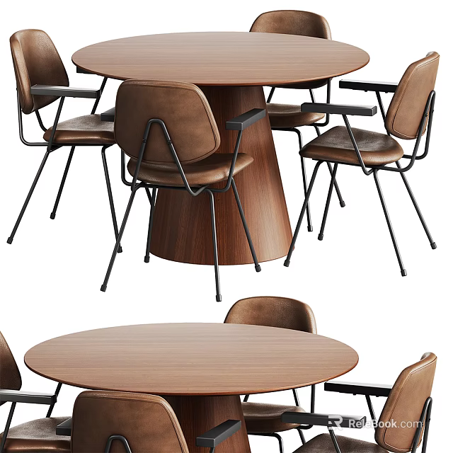 Modern Round Wooden Dining Table Set With Four Leather Chairs And Metal Frames 3d model 