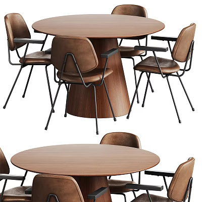 Modern Round Wooden Dining Table Set With Four Leather Chairs And Metal Frames 3d model