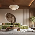 Modern Living Room Interior With Wooden Ceiling Pendant Light Green Sofa And Circular Decorative Wall