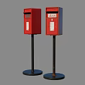 Two Red Fire Equipment With Black Bases Poles And White Labels 3d model