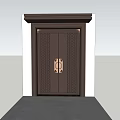 Brown Entry Door With Carved Patterns Golden Handles And White Frame Under Blue Sky