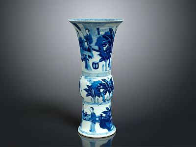 Blue and White Vase Showcasing Detailed Plant Motifs and Classic Art Design 3d model