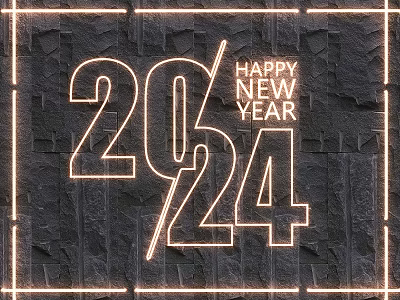 Happy New Year 2024 Decorative Lighting Set With Glowing Numbers On Stone Wall 3d model
