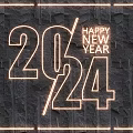 Happy New Year 2024 Decorative Lighting Set With Glowing Numbers On Stone Wall