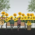 Scenic Bench Surrounded By Sunflowers White Picket Fence And Two People Under Blue Sky