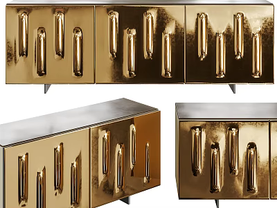 Modern Golden Entryway And Side Cabinets With Vertical Bar Handles And Metallic Finish 3d model