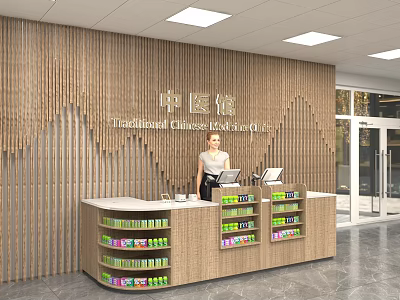 Traditional Chinese Medicine Clinic Store With Wooden Wall Reception Desk And Medicine Shelves 3d model