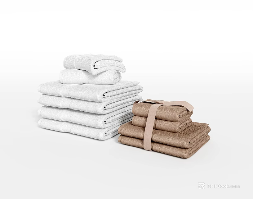 White and Brown Soft Towels Neatly Folded and Stacked in Home Bathroom Decor 3d model 