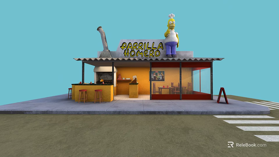 Parrilla Homero Restaurant Featuring Chef Figure Yellow Exterior Open Bar Outdoor Stools Awning 3d model 