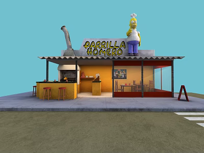Parrilla Homero Restaurant Featuring Chef Figure Yellow Exterior Open Bar Outdoor Stools Awning 3d model