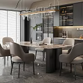 Modern Restaurant Open Kitchen Interior Design With Marble Dining Table Chairs And Pendant Lights 3d model