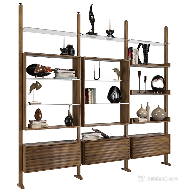 Modern Wooden Display Shelving Unit With Multiple Shelves And Decorative Items 3d model