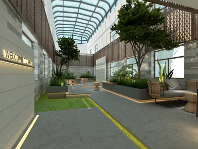 Modern Hotel Atrium Design With Glass Skylight Trees Green Plants And Sofa Seats 3d model