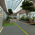 Modern Hotel Atrium Design With Glass Skylight Trees Green Plants And Sofa Seats