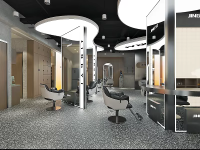 Modern Hair Beauty Salon Interior With Styling Chairs Mirrored Stations And Contemporary Lighting 3d model