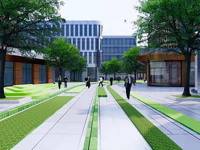 Modern Industrial Factory Building With Green Landscaping Trees And Pedestrians Walking 3d model