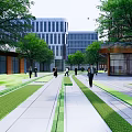 Modern Industrial Factory Building With Green Landscaping Trees And Pedestrians Walking