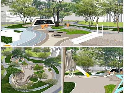 Modern Garden Landscape with Curved Pathways Green Lawns Playground Slide and Trees 3d model
