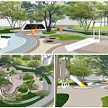 Modern Garden Landscape with Curved Pathways Green Lawns Playground Slide and Trees