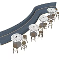 Deep Blue Curved Sectional Sofa with Round White Tables and Brown Bar Stools