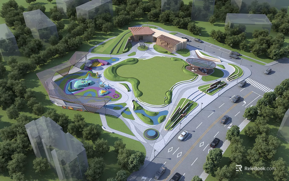 Urban Park Landscape With Green Lawn Colorful Playground Trees And Water Features 3d model 