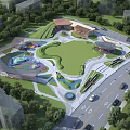 Urban Park Landscape With Green Lawn Colorful Playground Trees And Water Features
