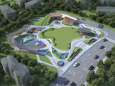 Urban Park Landscape With Green Lawn Colorful Playground Trees And Water Features 3d model