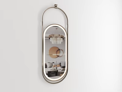 Oval Shaped Metal Frame Wall Mounted Mirror With Living Room Reflection 3d model