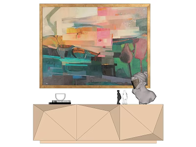 Abstract Painting in Golden Frame Above Geometric Cabinet with Decorative Items 3d model