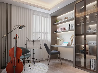 Cozy Home Study Room with Cello Music Stand Laptop Bookshelf and Potted Plants 3d model