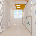 Bright School Interior With Yellow Ceiling Round Lights And Wall Display Frames 3d model