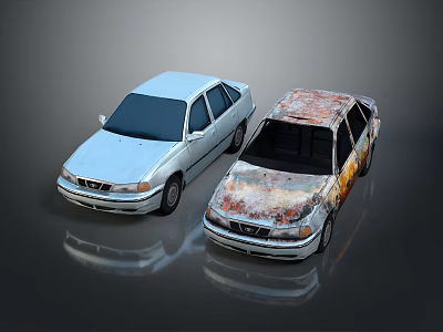 Light Blue Sedan And Rusted Vintage Car Display On Shiny Reflective Floor 3d model
