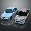 Light Blue Sedan And Rusted Vintage Car Display On Shiny Reflective Floor