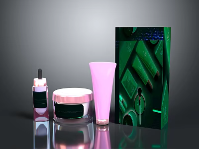 Perfume Cosmetics Collection Featuring Glossy Bottles Cream Jar Lotion Tube And Green Packaging 3d model